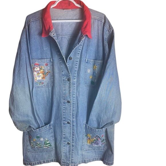 Vintage Disney Winnie the Pooh Denim Shacket Christmas Embroidered Red Collar 2X - Picture 1 of 7